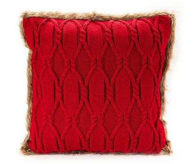 Red Cable-Knit Faux Fur-Trim Throw Pillow