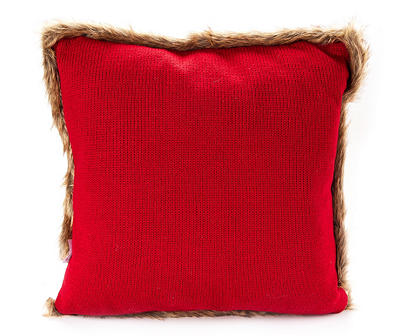 Red Cable-Knit Faux Fur-Trim Throw Pillow