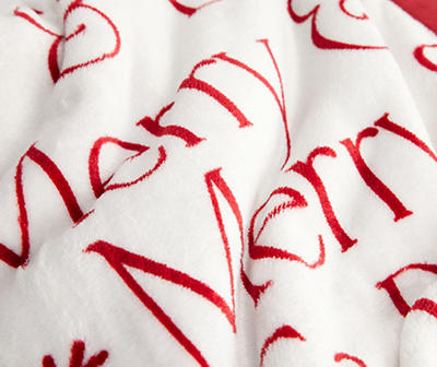 "Merry & Bright" White & Red Sherpa Throw, (50" x 60")