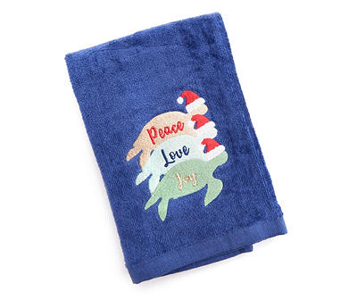 "Peace" Twilight Blue Sea Turtles Embroidered Hand Towel