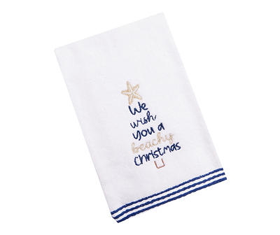 "Beachy Christmas" Bright White Embroidered Hand Towel