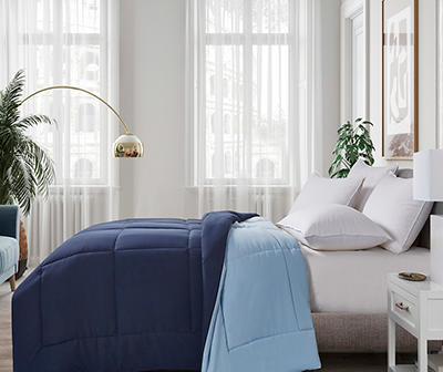 Navy & Light Blue Down-Alternative Box-Quilt Reversible Twin Comforter
