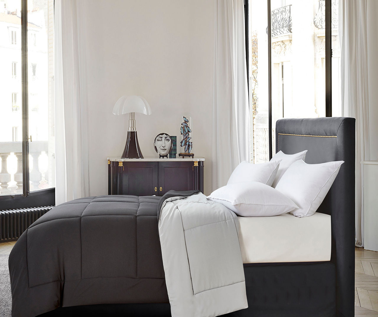 Black & Platinum Down-Alternative Box-Quilt Reversible King Comforter