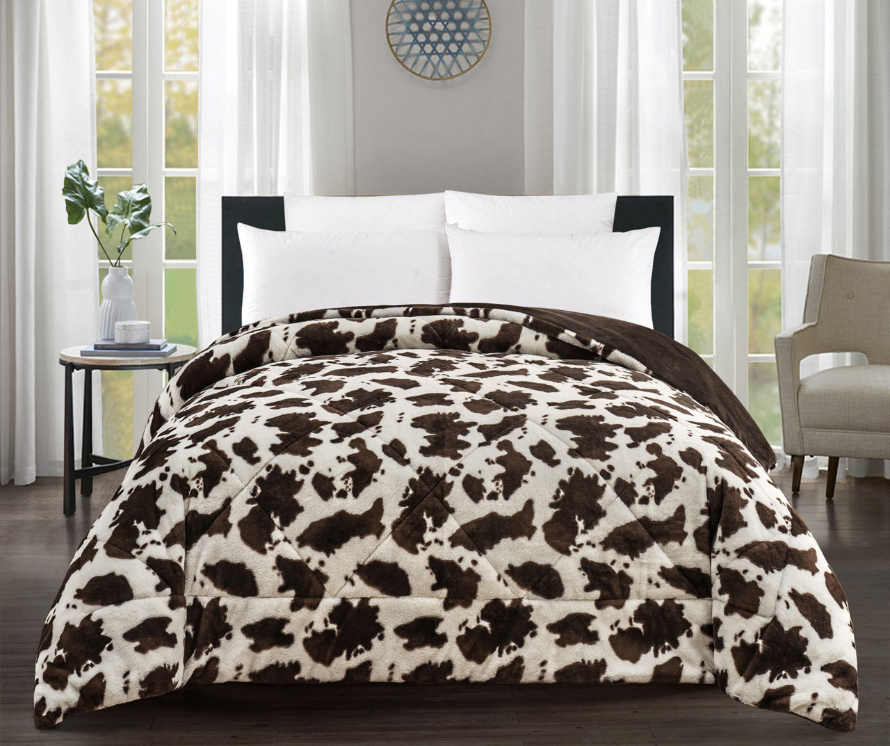 Cream Brown Cow Print Faux Fur Full Queen Comforter