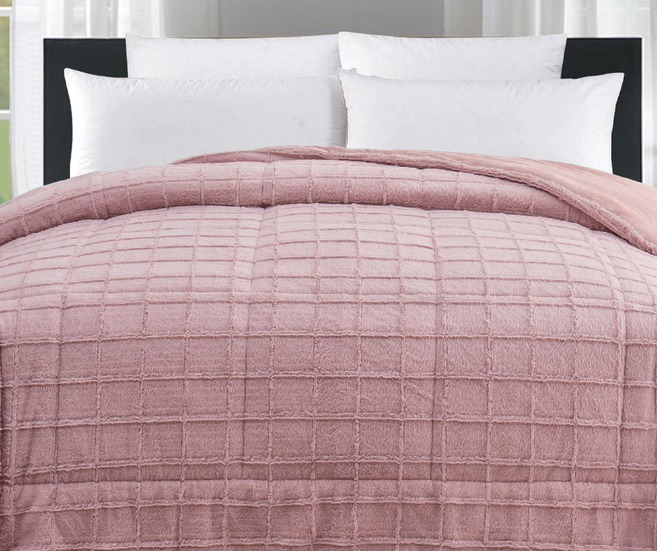 Pink Textured Grid Faux Fur King Comforter