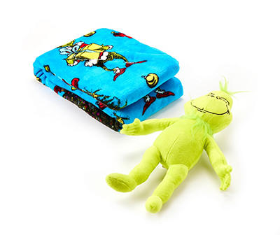 The Grinch Blue Holiday Pattern Throw & Hugger Pillow, (40" x 50")