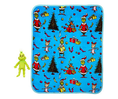 The Grinch Blue Holiday Pattern Throw & Hugger Pillow, (40