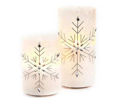 Silver Glitter & Gem Snowflake 2-Piece LED Pillar Candle Set