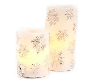 Silver Snowflake 2-Piece LED Pillar Candle Set