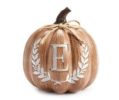 "E" Monogram Wood-Look Resin Pumpkin