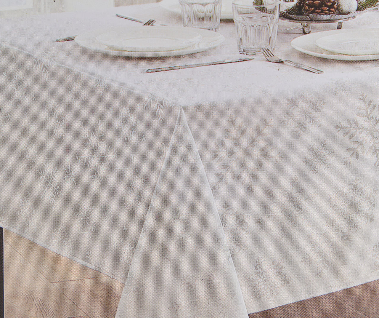 Frosted Forest White Snowflake Fabric Tablecloth, (52" x 70")