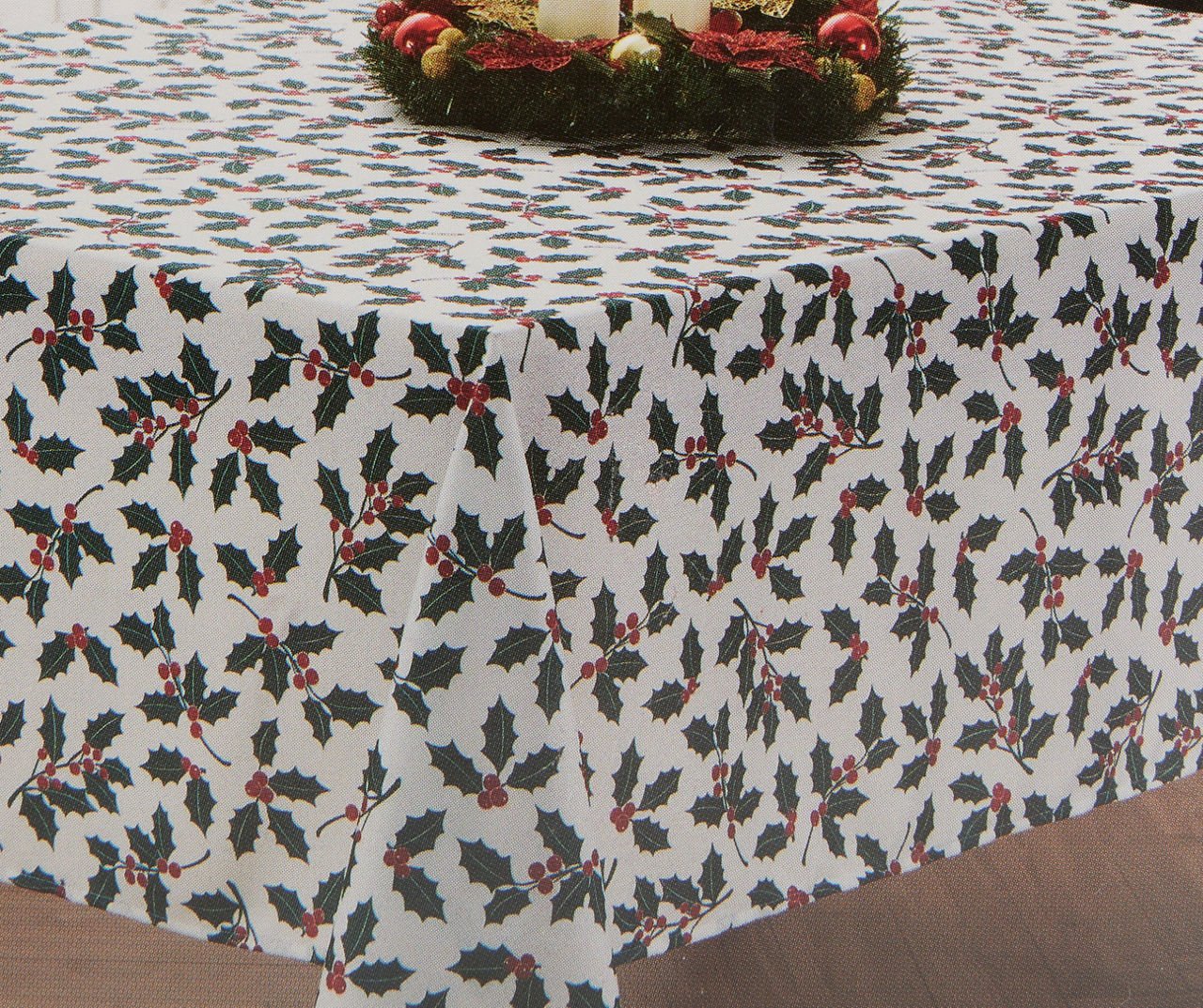 Santa's Workshop White & Green Holly Fabric Tablecloth, (60" x 84")