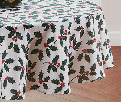 Santa's Workshop White & Green Holly Round Fabric Tablecloth, (60")