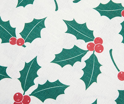 Santa's Workshop White & Green Holly Fabric Tablecloth, (52" x 70")