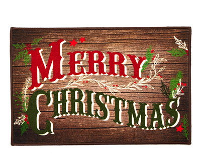 "Merry Christmas" Brown Wood Grain Kitchen Rug, (30" x 20")