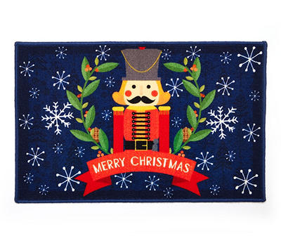"Merry Christmas" Blue & Red Nutcracker Kitchen Rug, (30" x 20")