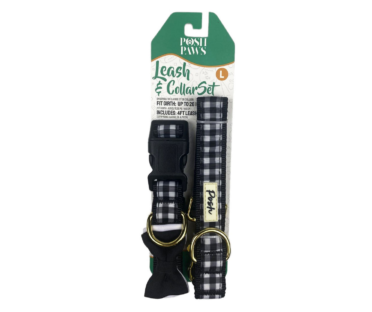 Medium Black Plaid Bowtie Dog Collar & Leash Set