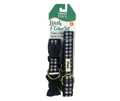 Small Black Plaid Bowtie Dog Collar & Leash Set