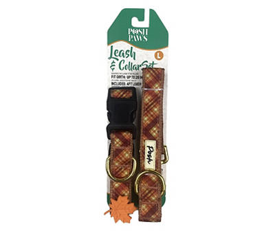 Small Brown Plaid Fall Leaf Dog Collar & Leash Set
