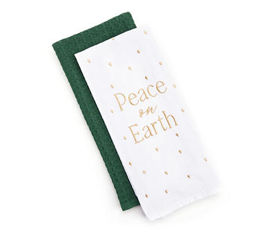 Festive Gathering "Peace on Earth" White & Green 2-Piece Kitchen Towel Set