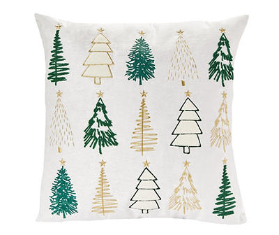 Ivory & Green Embroidered Trees Throw Pillow