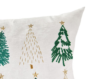 Ivory & Green Embroidered Trees Throw Pillow