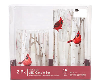 Cardinal & Birch Trees 2-Piece LED Pillar Candle Set