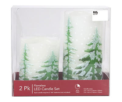 Snowy Tree 2-Piece LED Pillar Candle Set