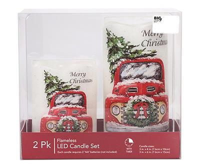 "Merry Christmas" Truck & Tree 2-Piece LED Pillar Candle Set