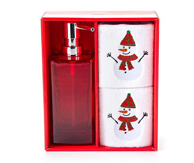 Red & White Snowman 3-Piece Soap Pump & Towel Set