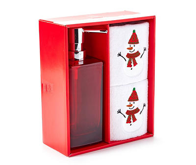 Red & White Snowman 3-Piece Soap Pump & Towel Set