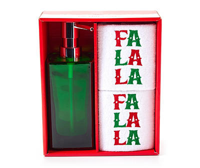"Fa La La" Green & Red 3-Piece Soap Pump & Towel Set