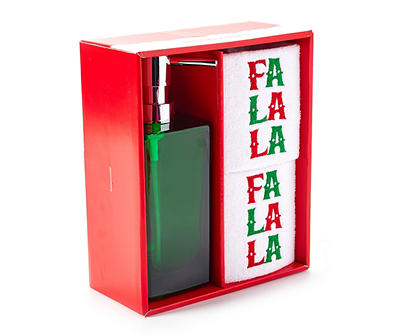 "Fa La La" Green & Red 3-Piece Soap Pump & Towel Set
