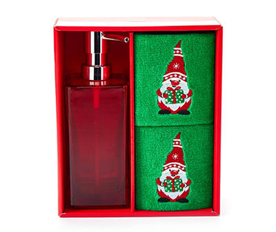 Red & Green Holiday Gnome 3-Piece Soap Pump & Towel Set