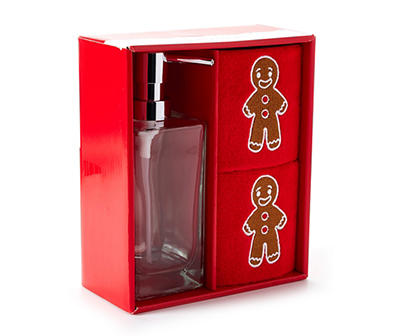 Red Gingerbread Man 3-Piece Soap Pump & Towel Set