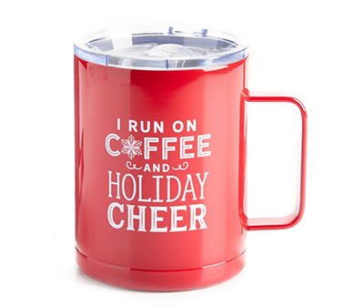 "I Run on Coffee & Holiday Cheer" Red Stainless Steel Travel Mug, 14 Oz.