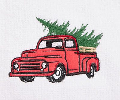 Santa's Workshop White & Red Tree Truck Embroidered Hand Towel