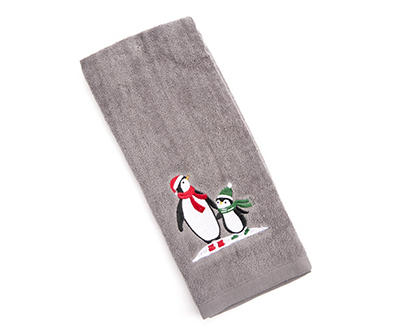 Santa's Workshop Gray Penguin Family Embroidered Hand Towel