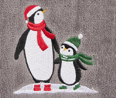 Santa's Workshop Gray Penguin Family Embroidered Hand Towel