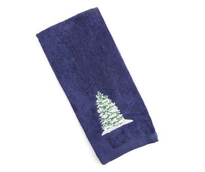 Santa's Workshop Navy Snowy Tree Embroidered Hand Towel