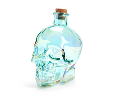 Aqua Iridescent Skull Glass Bottle Tabletop Decor