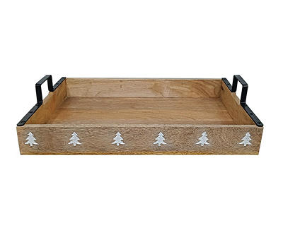 Carved Holiday Tree Wood Serving Tray, (16")