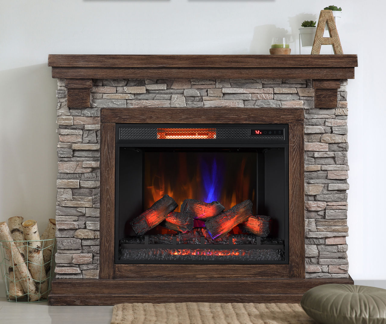 Faux stone electric fireplace deals tv stand