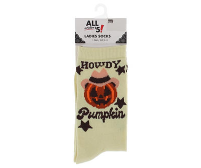 Women's "Howdy Pumpkin" Tan Cowboy Jack-O-Lantern Crew Socks
