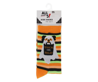 Kid's "Trick or Treat" Orange Stripe Ghost Dog Crew Socks