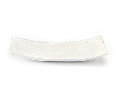Distressed White Carved Floral Boat Tray, (6" x 15")