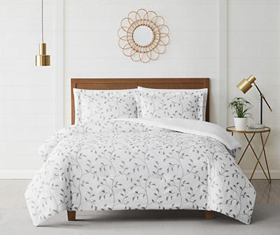 White & Gray Embroidered Leaf Vine Queen 3-Piece Comforter Set