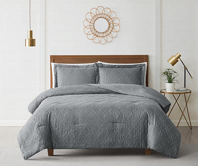 Gray Embroidered Lattice King 3-Piece Comforter Set