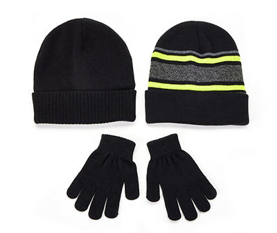 Kids' Black & Green Stripe Beanie & Gloves Set