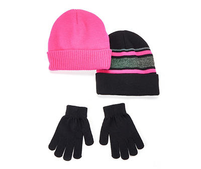 Kids' Black & Pink Stripe Beanie & Gloves Set